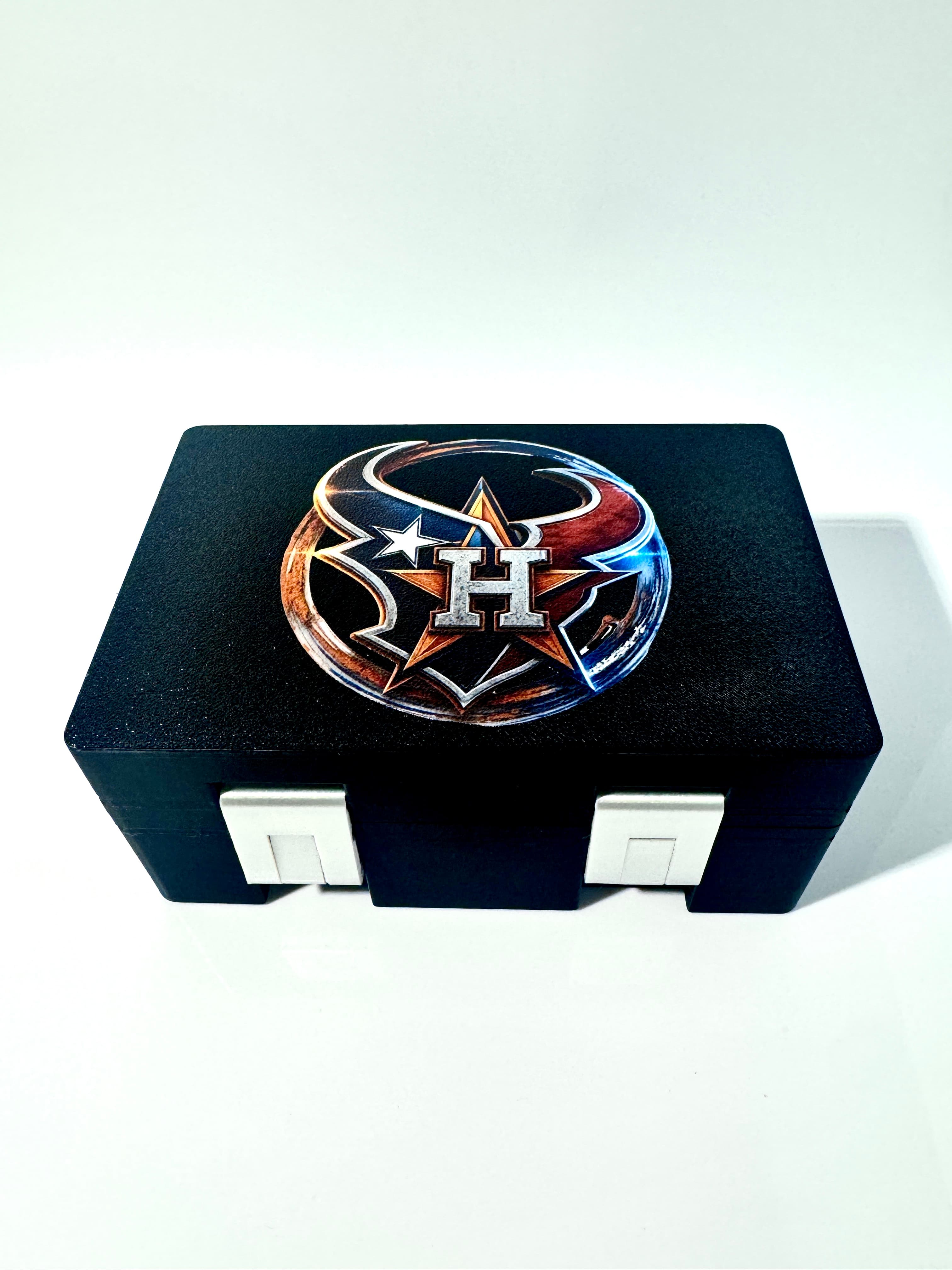 Black vial box with custom Houston Astros logo on lid