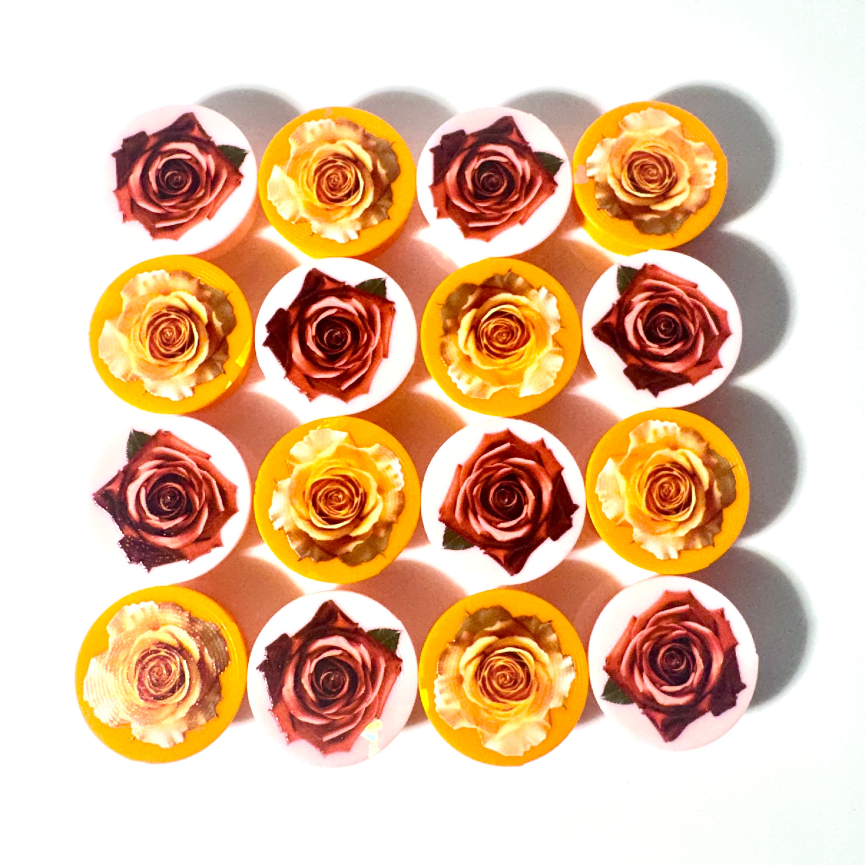 Yellow-rimmed caps with full-color rose photo prints