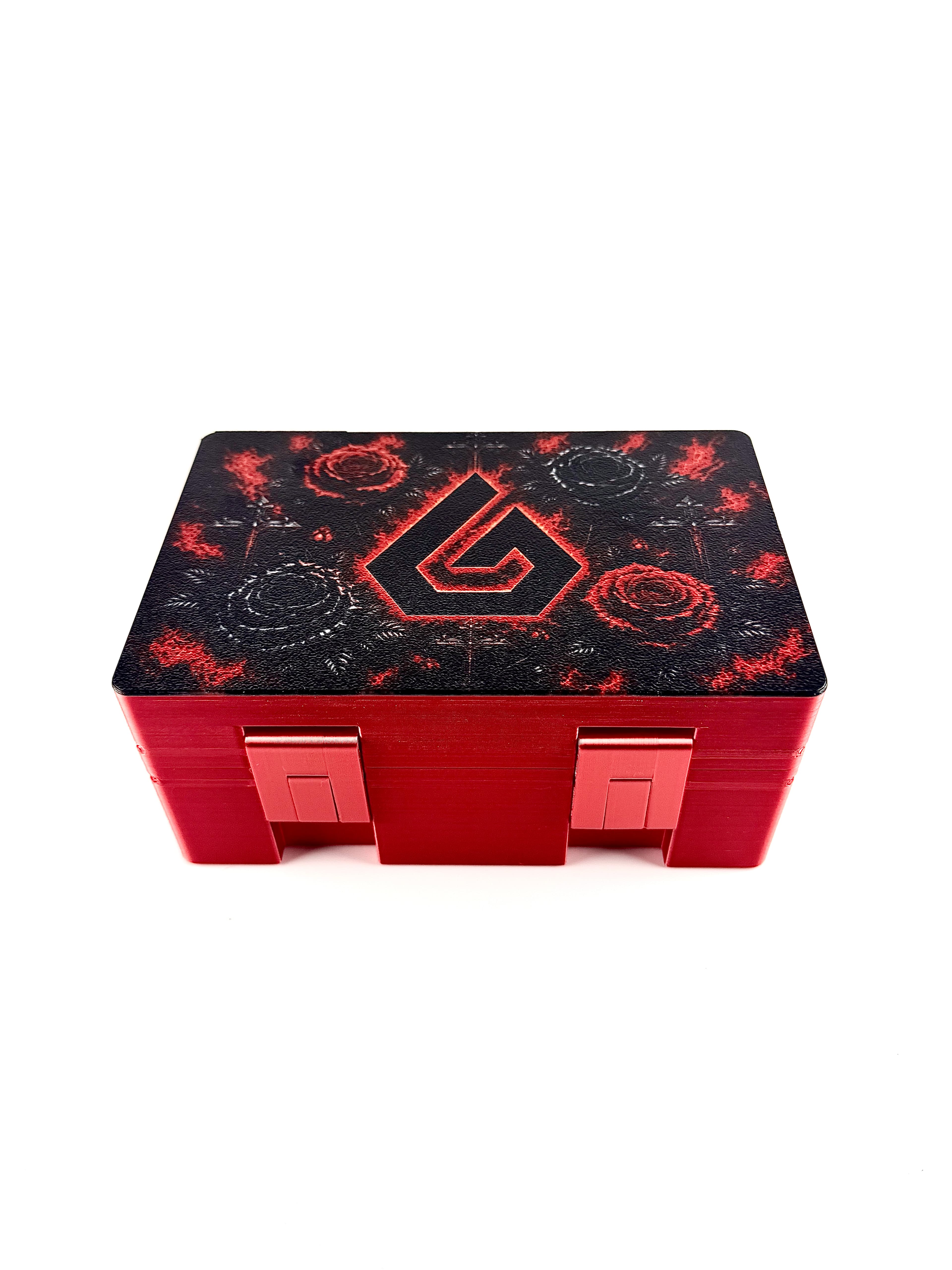 Red vial box closed, full-color dark gothic rose and logo printed on the lid exterior