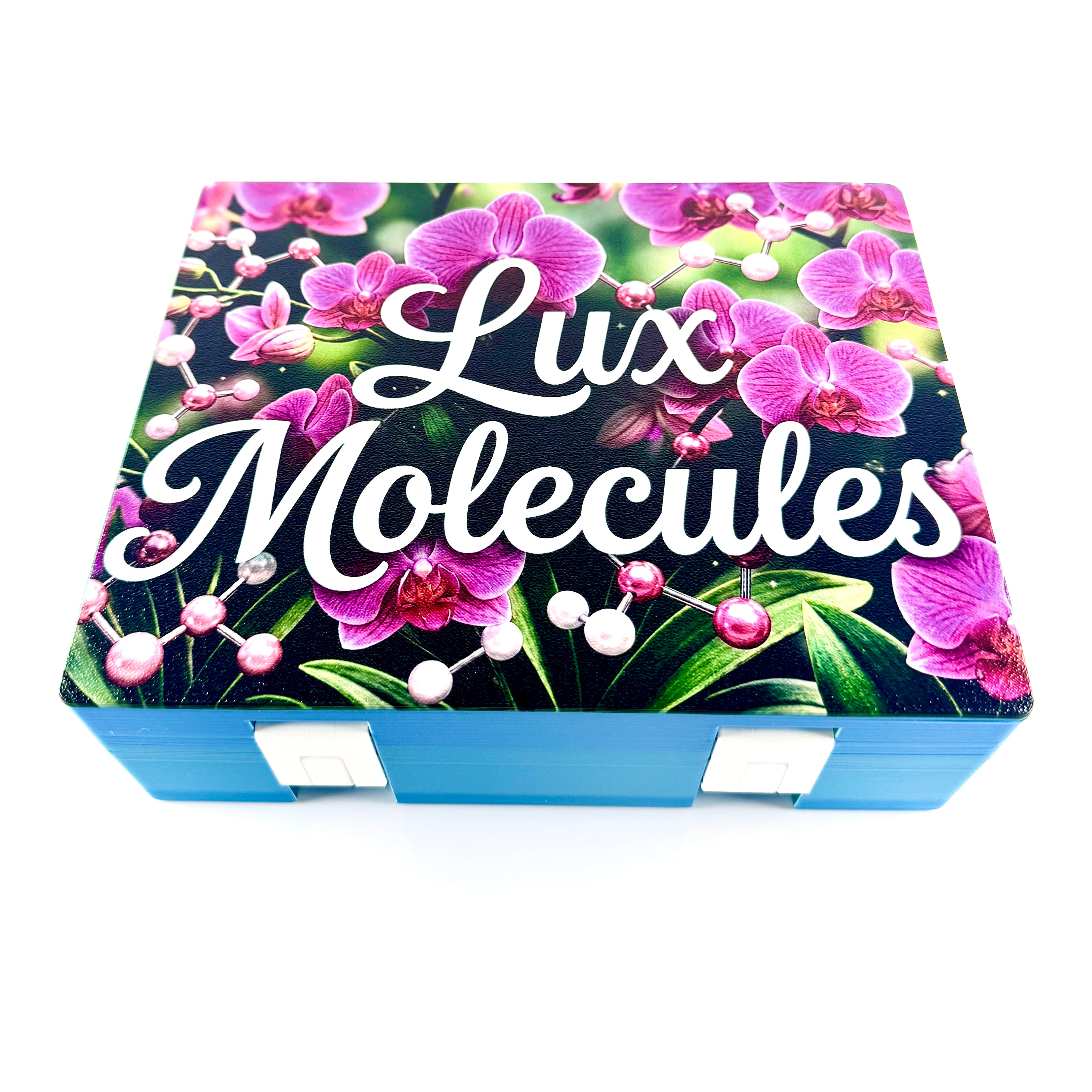 Blue vial box with full-color Lux Molecules floral logo printed on the lid