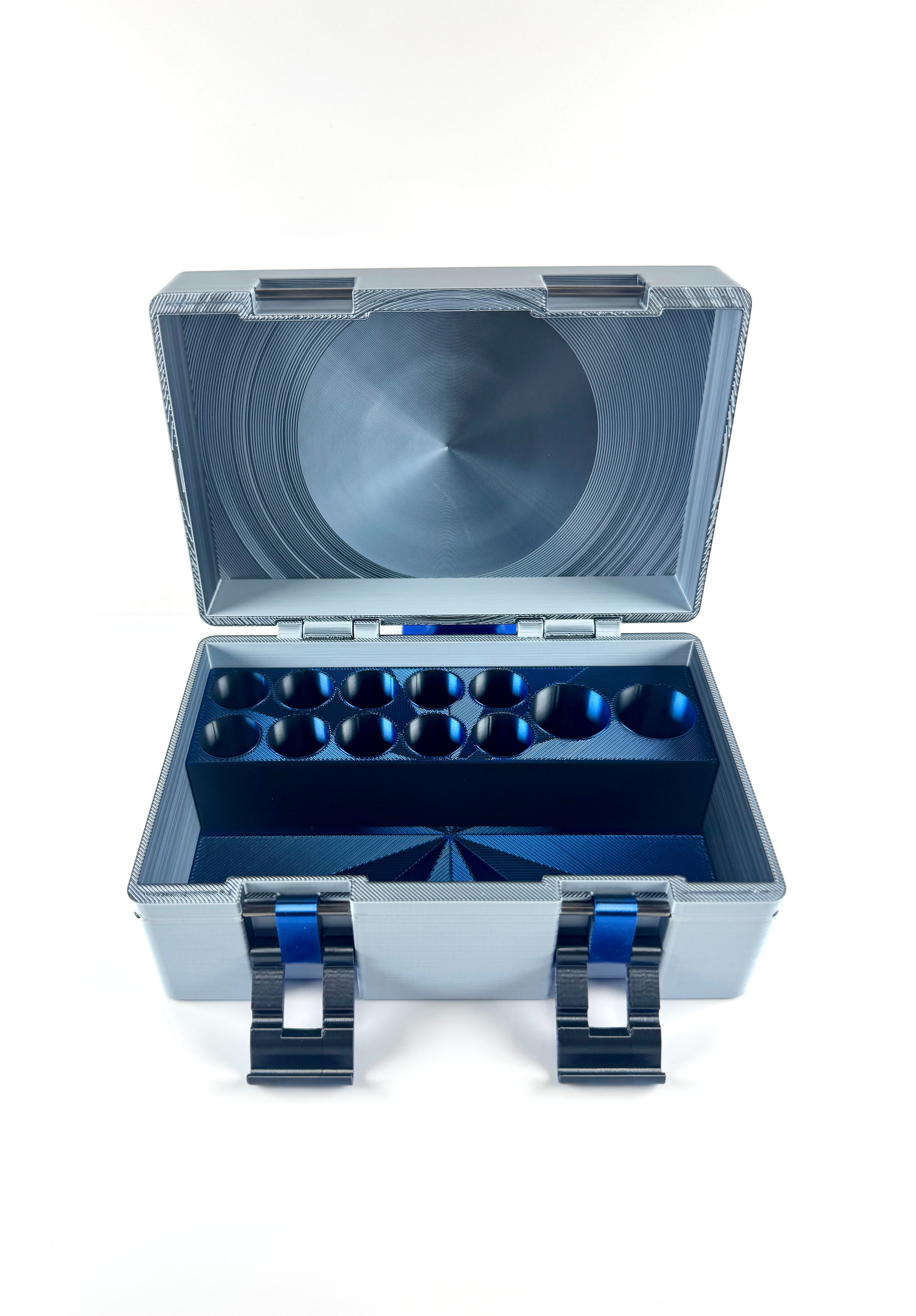 Silver and blue premium vial box open showing interior vial rows